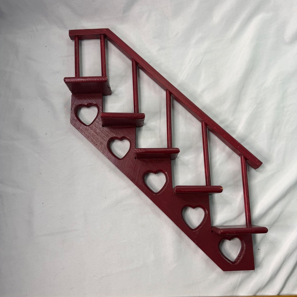 Vintage Red Wooden Staircase Wall Shelf Heart Cutouts Country Primitive Display
